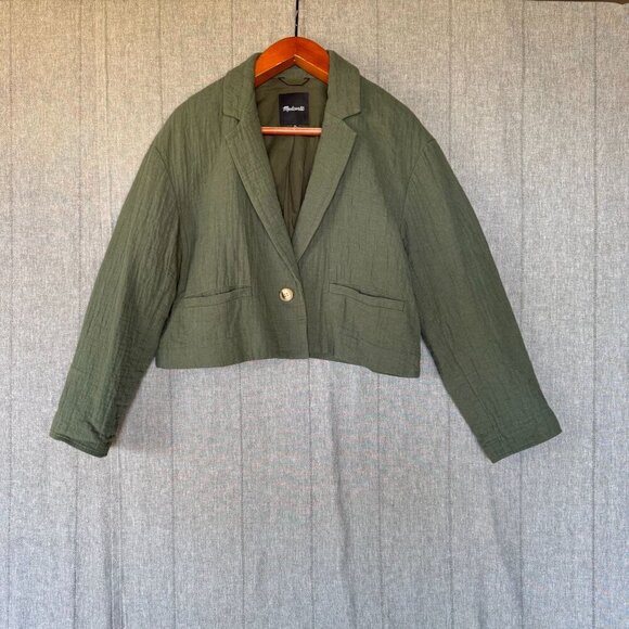 Madewell The Drop-Shoulder Linen Blend Foraged Green Boxy Crop Blazer Size XL - Picture 1 of 17